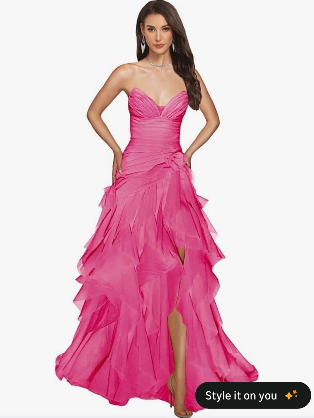 Strapless Ruffled Pink Evening Gown
